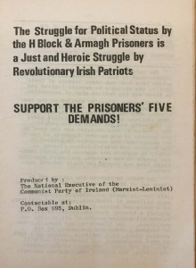 The Struggle for Political Status by the H-Block & Armagh Prisoners is a Just and Heroic Struggle by Revolutionary Irish Patriots