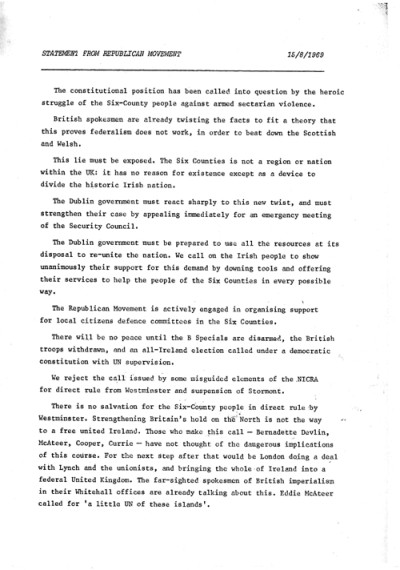 Statement from the Republican Movement, 15th August 1969