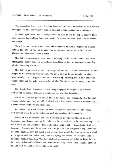 Statement from the Republican Movement, 15th August 1969