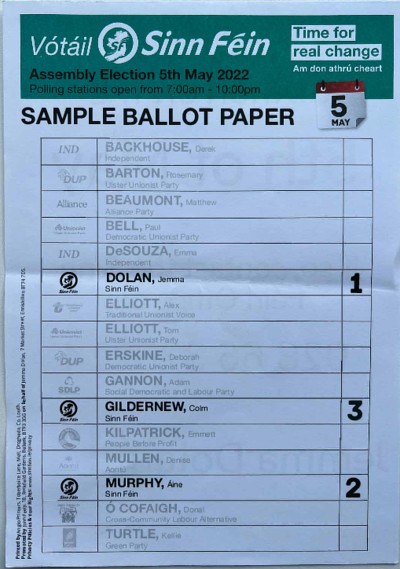 Vótáil Sinn Féin: Assembly Election 5th May 2022 Sample Ballot Paper