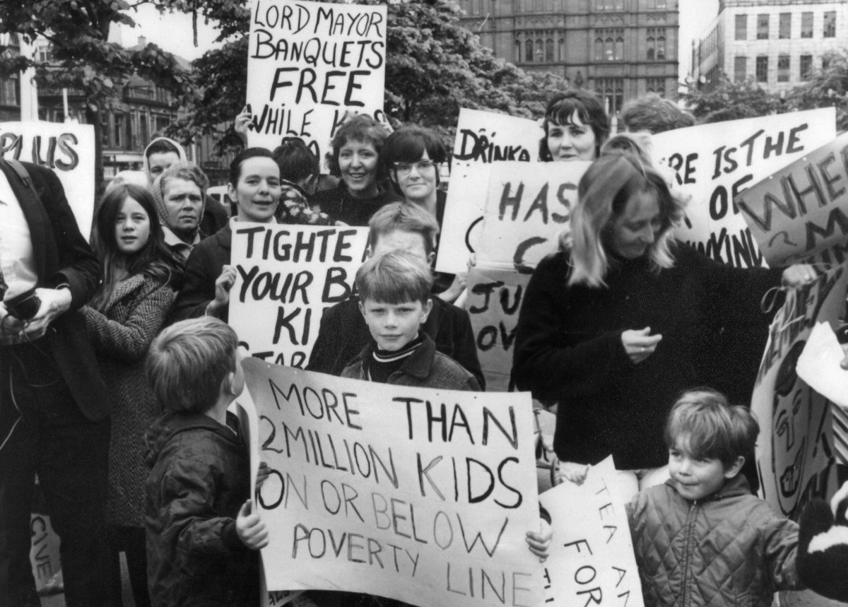 Protesting against Maggie Thatcher's school milk cuts at Belfast City Hall, 1971.  (Image reproduced with kind permission of Lynda Walker).