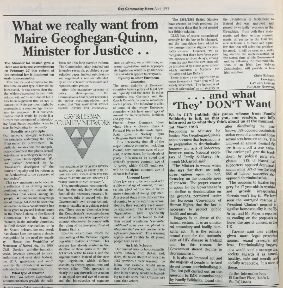 "What we really want from Maire Geoghegan-Quinn, MInister for Justice ... and what 'They' DON'T want", from Gay Community News, No. 50. April 1993.