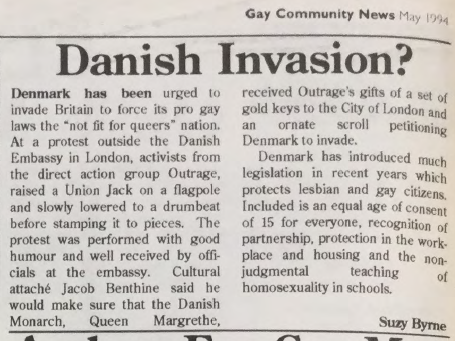 "Danish Invasion?", from Gay Community News, No. 62.  May 1994.