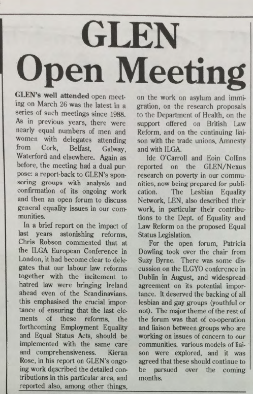 "GLEN Open Meeting", from Gay Community News, No. 62. May 1994.