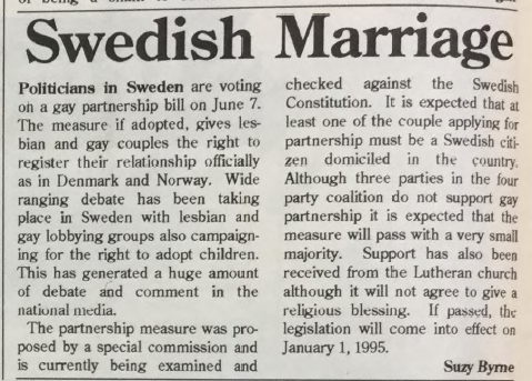 "Swedish Marriage", from Gay Community News, No. 63, June 1994.