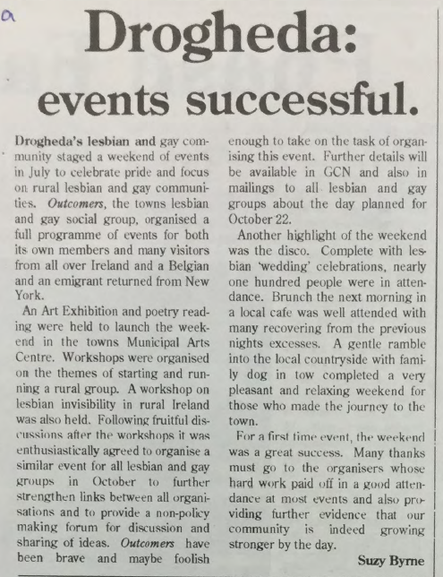 "Drogheda: Events Successful", from Gay Community News, No. 66, September 1994.