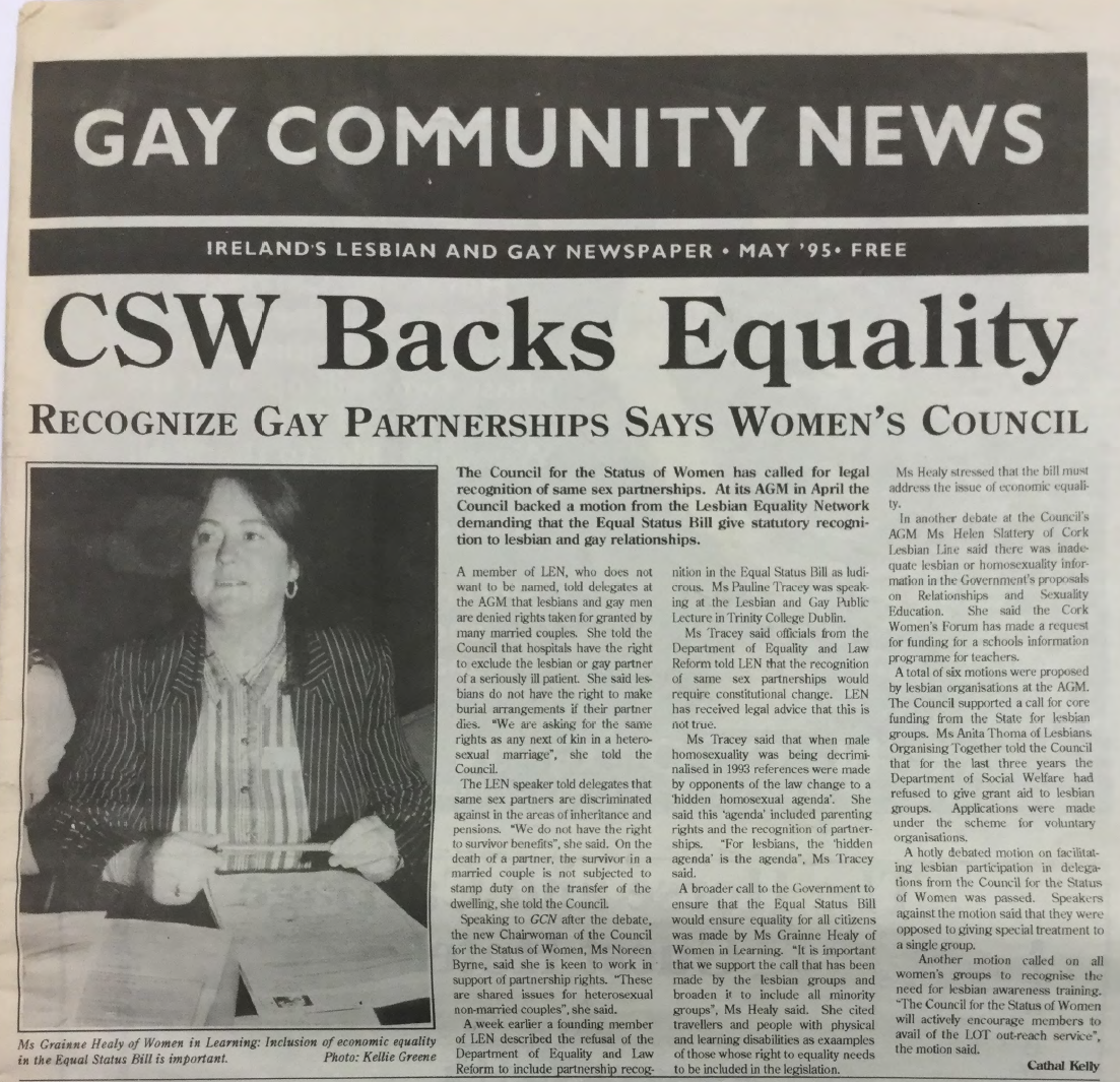 "CSW Backs Equality", from Gay Community News, No. 73. May 1995.