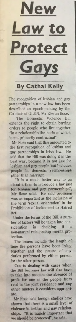 "New Law to Protect Gays", from Gay Community News, No. 76. August 1995.