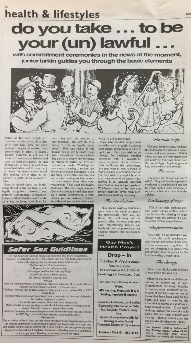 "Do you take ... to be your (un)lawful ...", from Gay Community News, No. 77. September 1995.