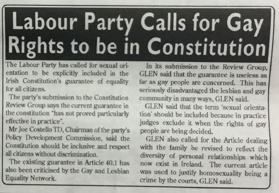 "Labour Party Calls for Gay Rights to be in Constitution", from Gay Community News, No. 77. September 1995.