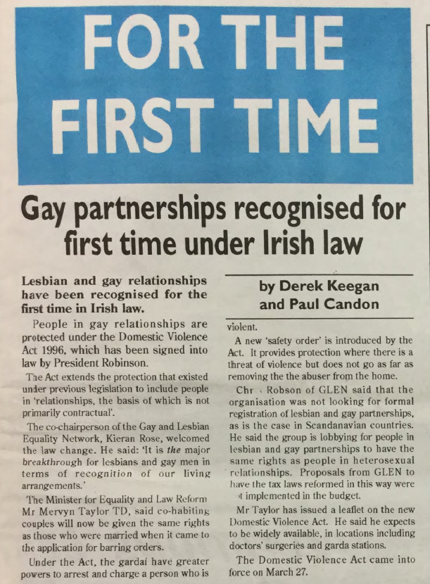 "Gay Partnerships Recognised for First Time under Irish Law", from Gay Community News, No. 83. April 1996.