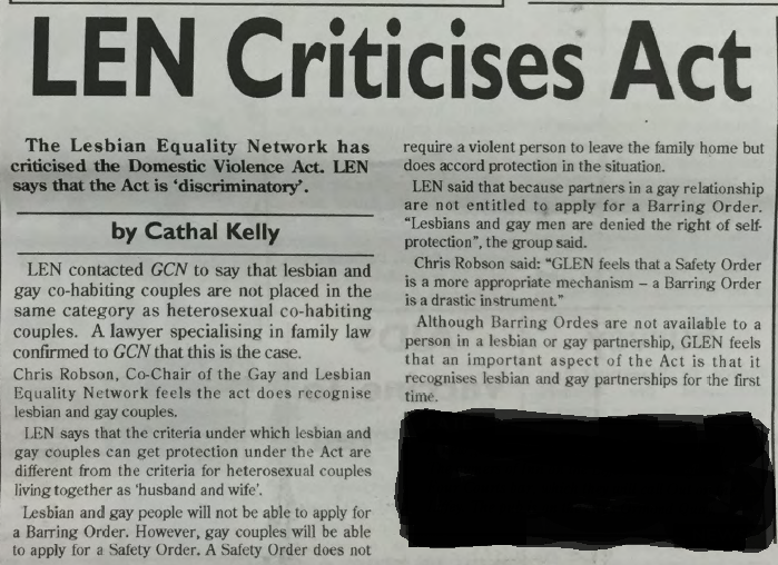 "LEN Criticises Act", from Gay Community News, No. 84. May 1996.