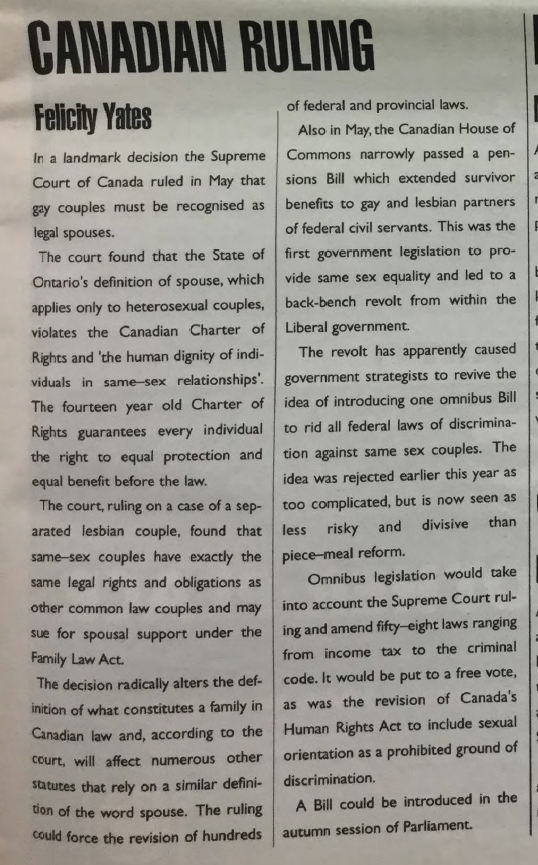"Canadian Ruling", from Gay Community News, No. 119. July 1999.