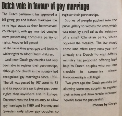 "Dutch Vote in Favour of Gay Marriage", from Gay Community News, No. 133. October 2000.