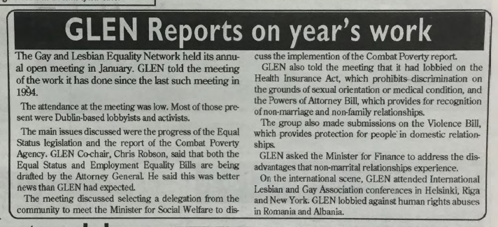 "GLEN Reports on Year's Work", from Gay Community News, No. 81. February 1996.