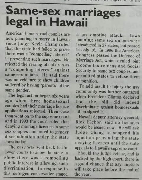 "Same Sex Marriages Legal in Hawaii" from Gay Community News, February 1997.