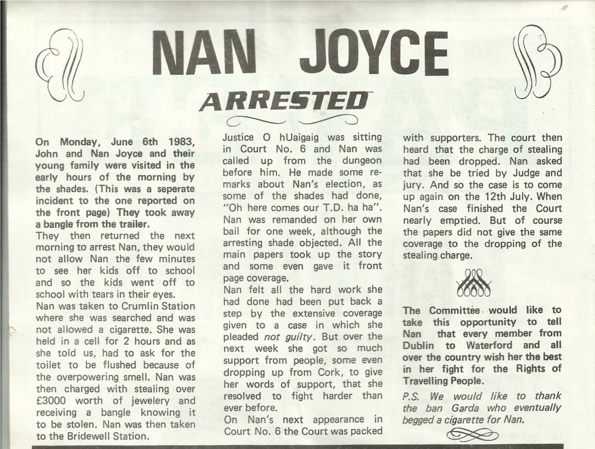 Pavee, from the Committee for the Rights of Travellers, on the spurious 1983 arrest of Travellers' rights activist Nan Joyce. 