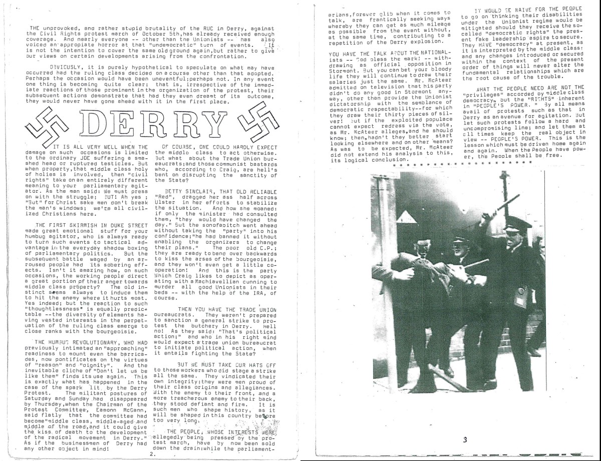 An article in the first issue of People's Voice, from November 1968, on the march in Derry on 5th October that year.
