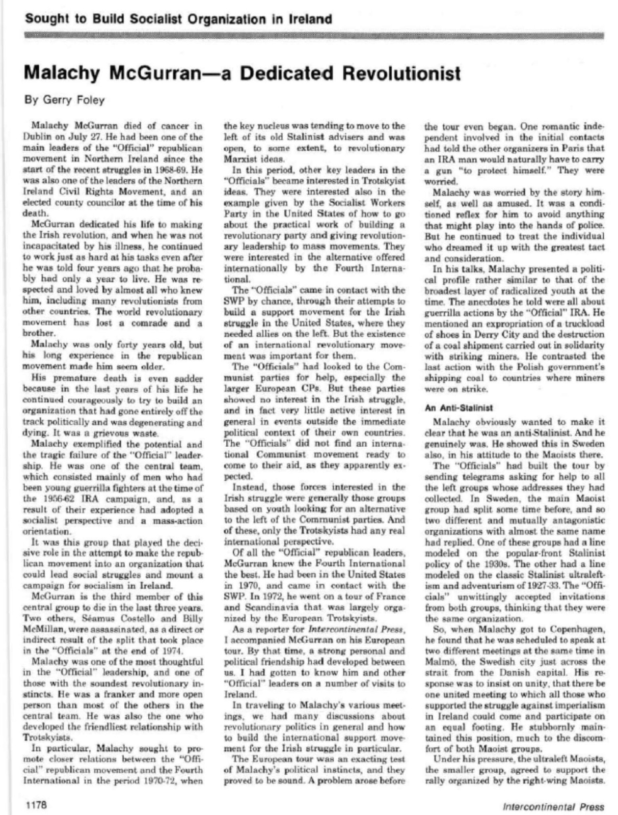 Malachy McGurran A Dedicated Revolutionist (1978) — Gerry Foley